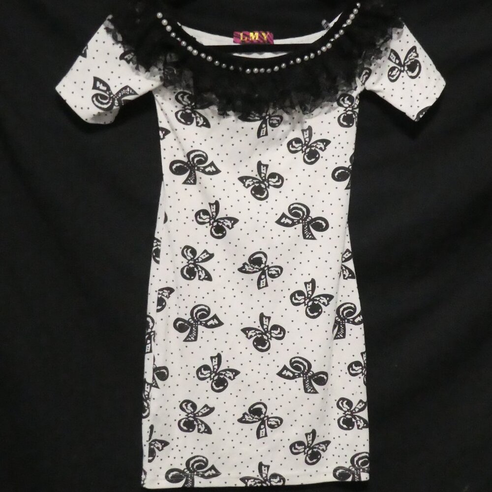L M Y | White Short Sleeve Dress | Bead - Lace Neckline | Black Butterflies